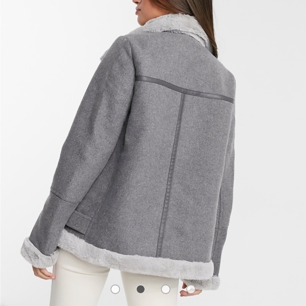 Vero Moda Aviator Jacket in Grey Wool with Faux Fur Trim Size S Brand New - Picture 2 of 11